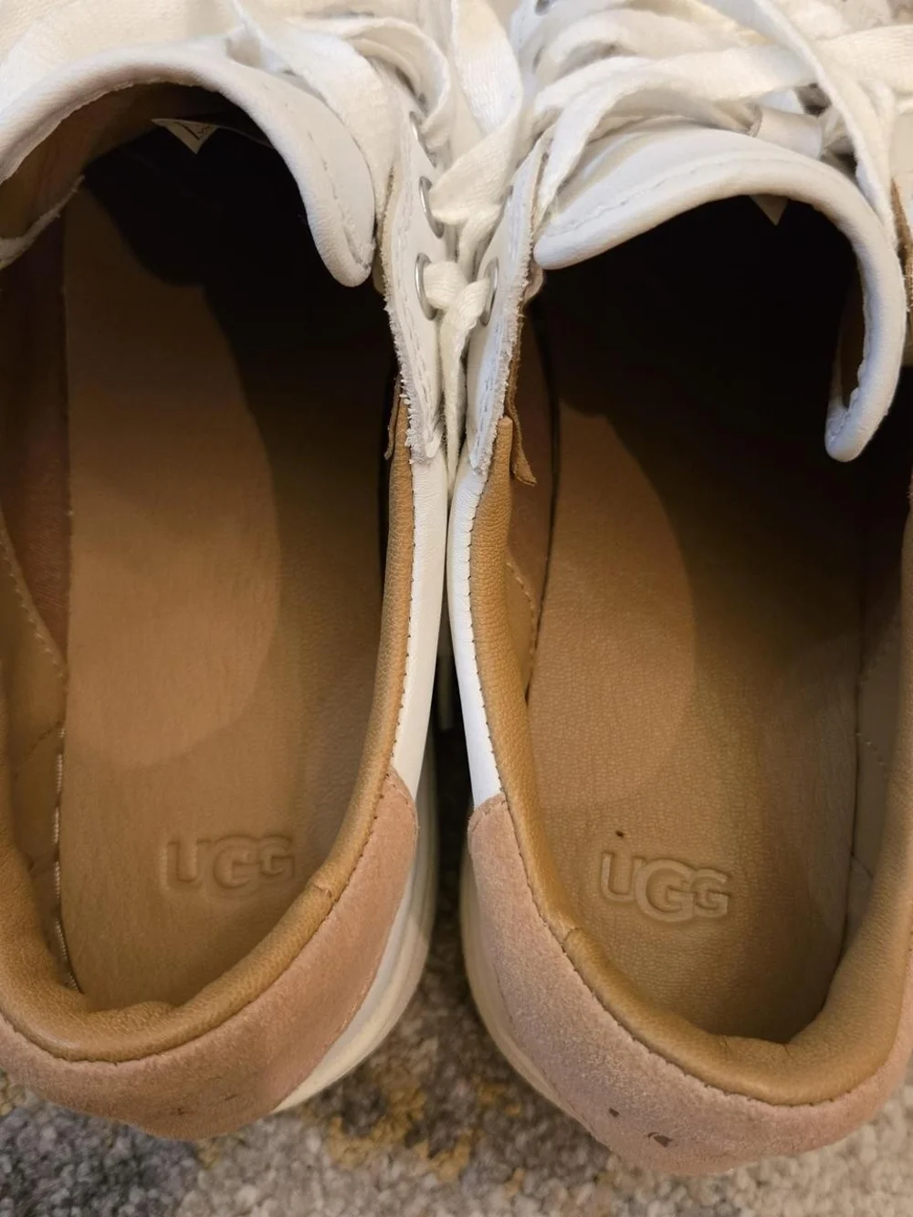 UGG White Leather Low-Top Sneakers with Tan Heel
